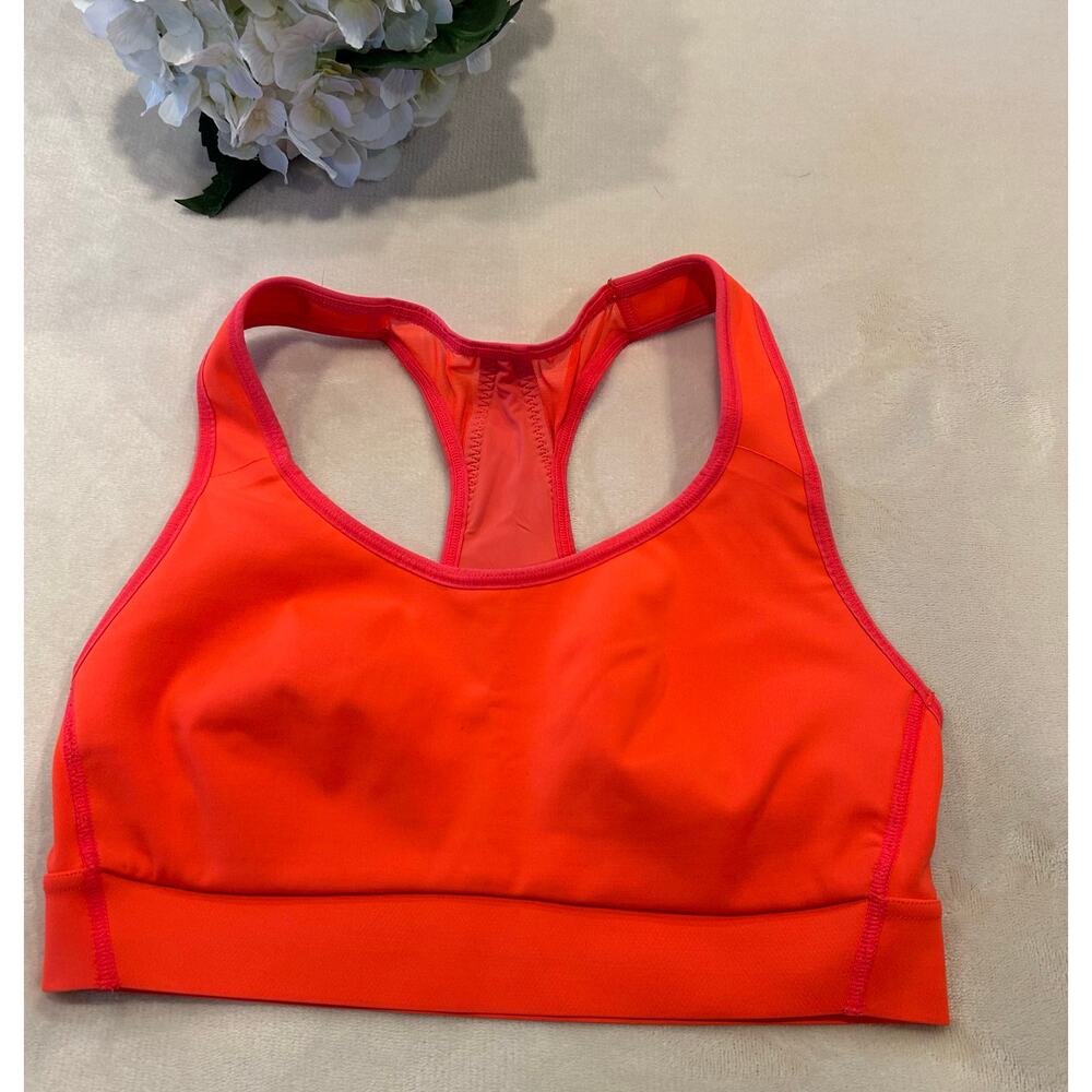 Athleta Hustle Sports Bra in Bright Orange with Mesh Detail, Size 32 B/C
